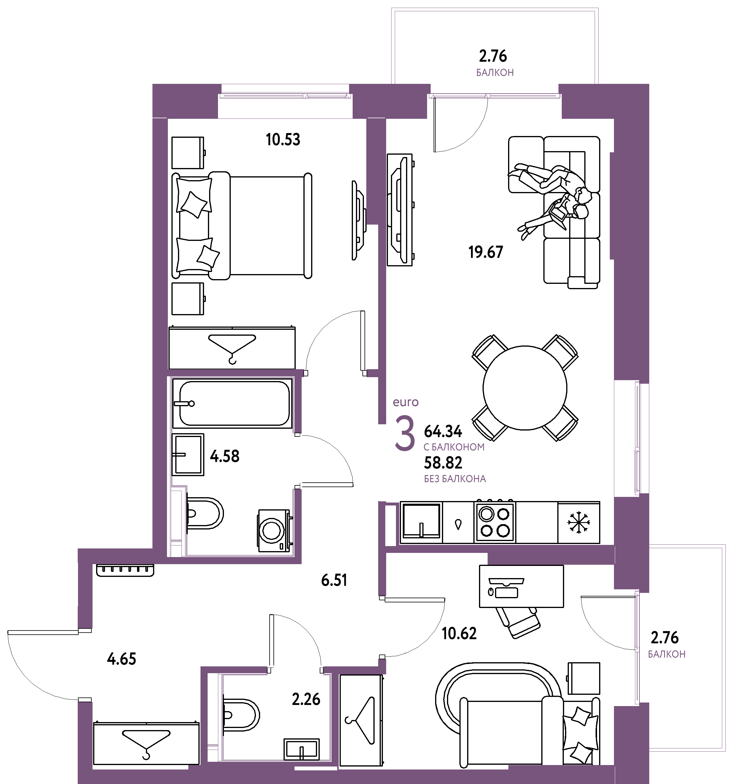 Планировка: Евротрёшка 64,34 м² в ЖК «Европейский берег 2.0»