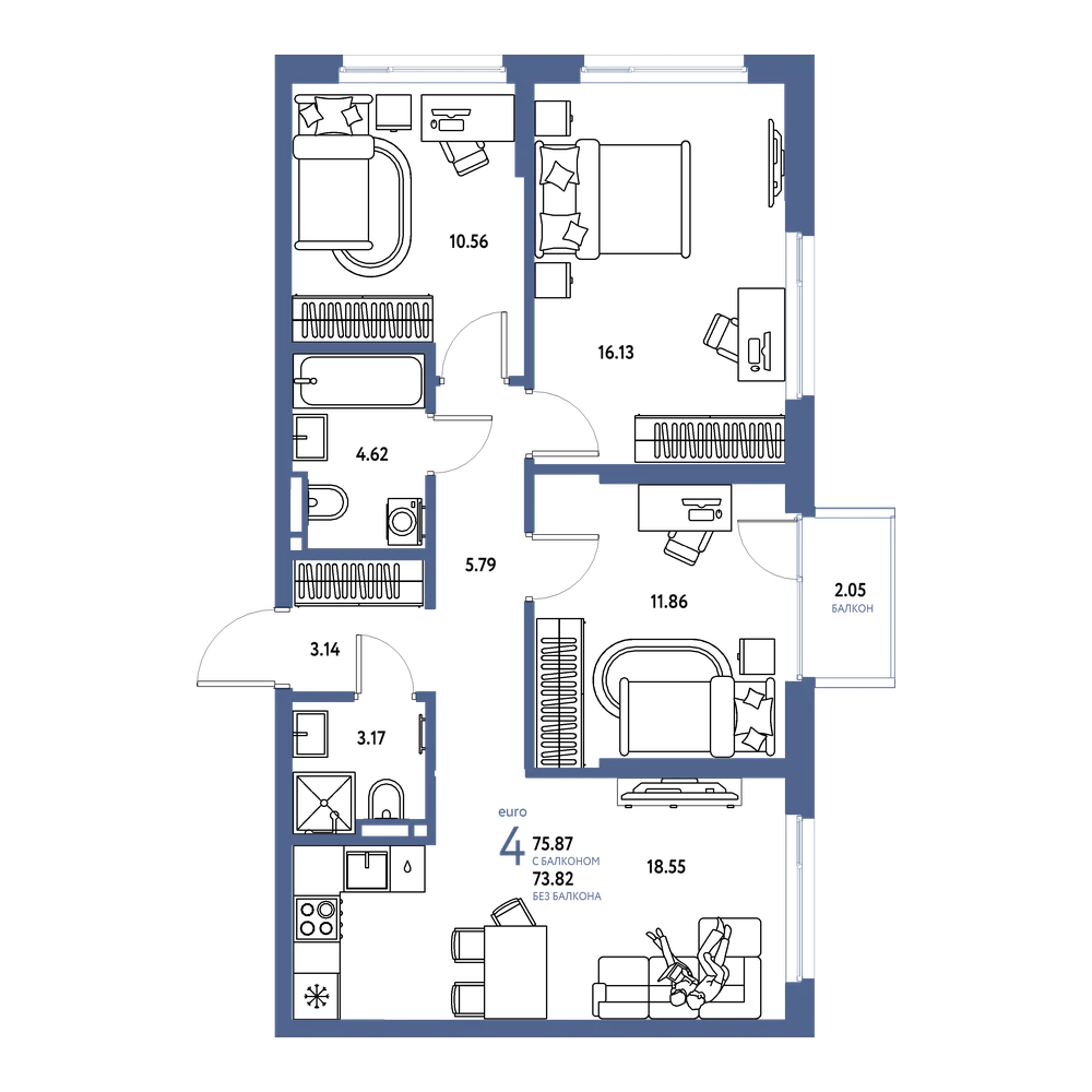 Планировка: Евро-4 75,87 м²