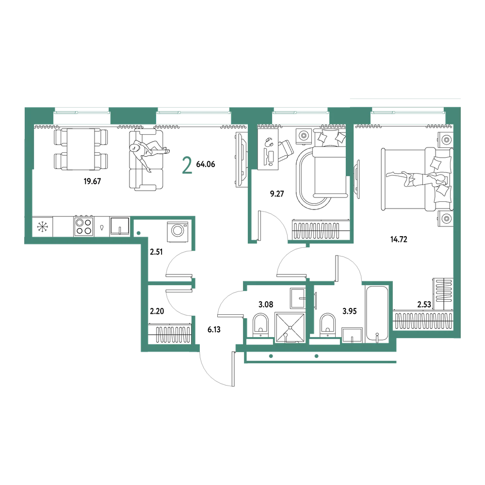 Планировка: Евротрёшка 64,06 м²