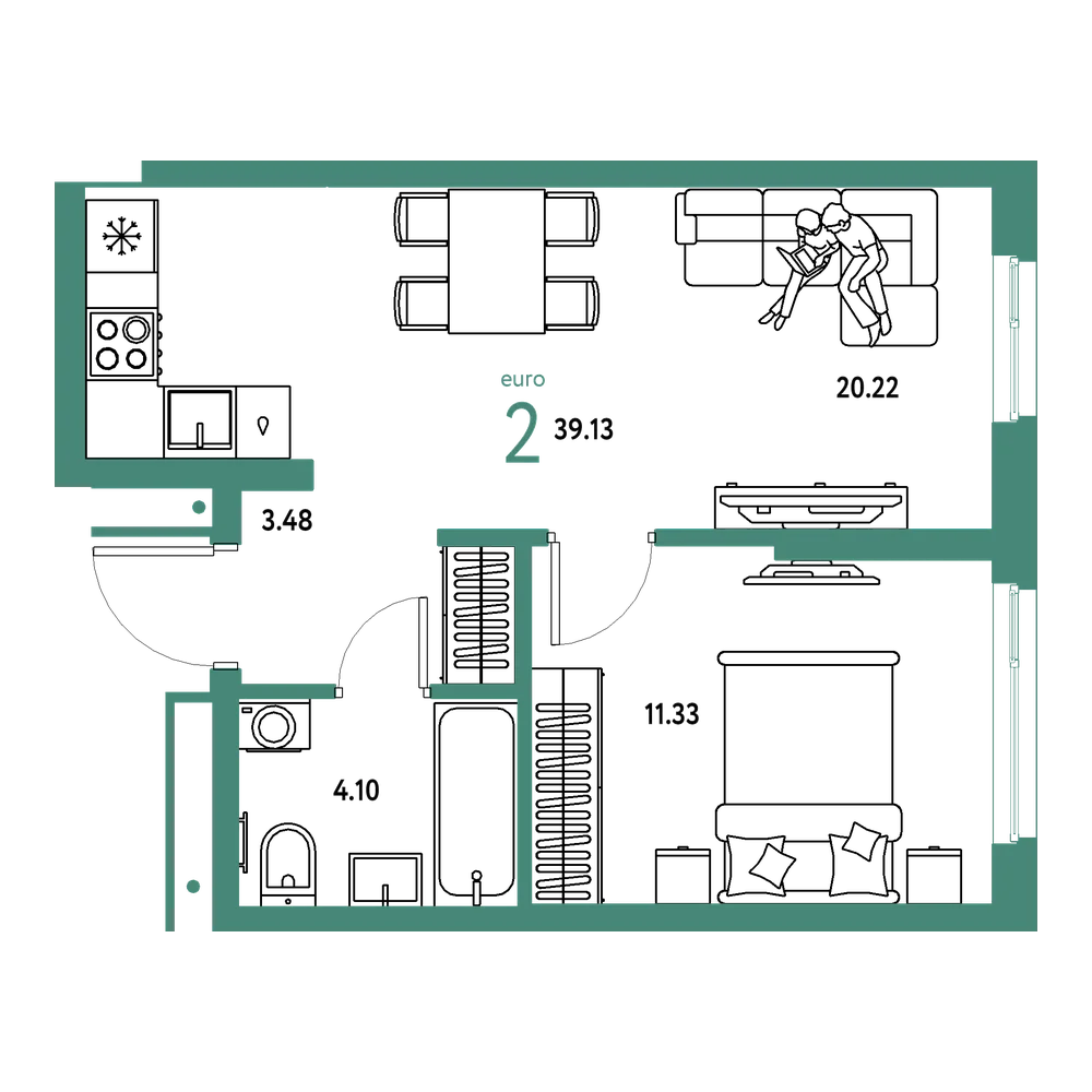 Планировка: Евродвушка 39,13 м²