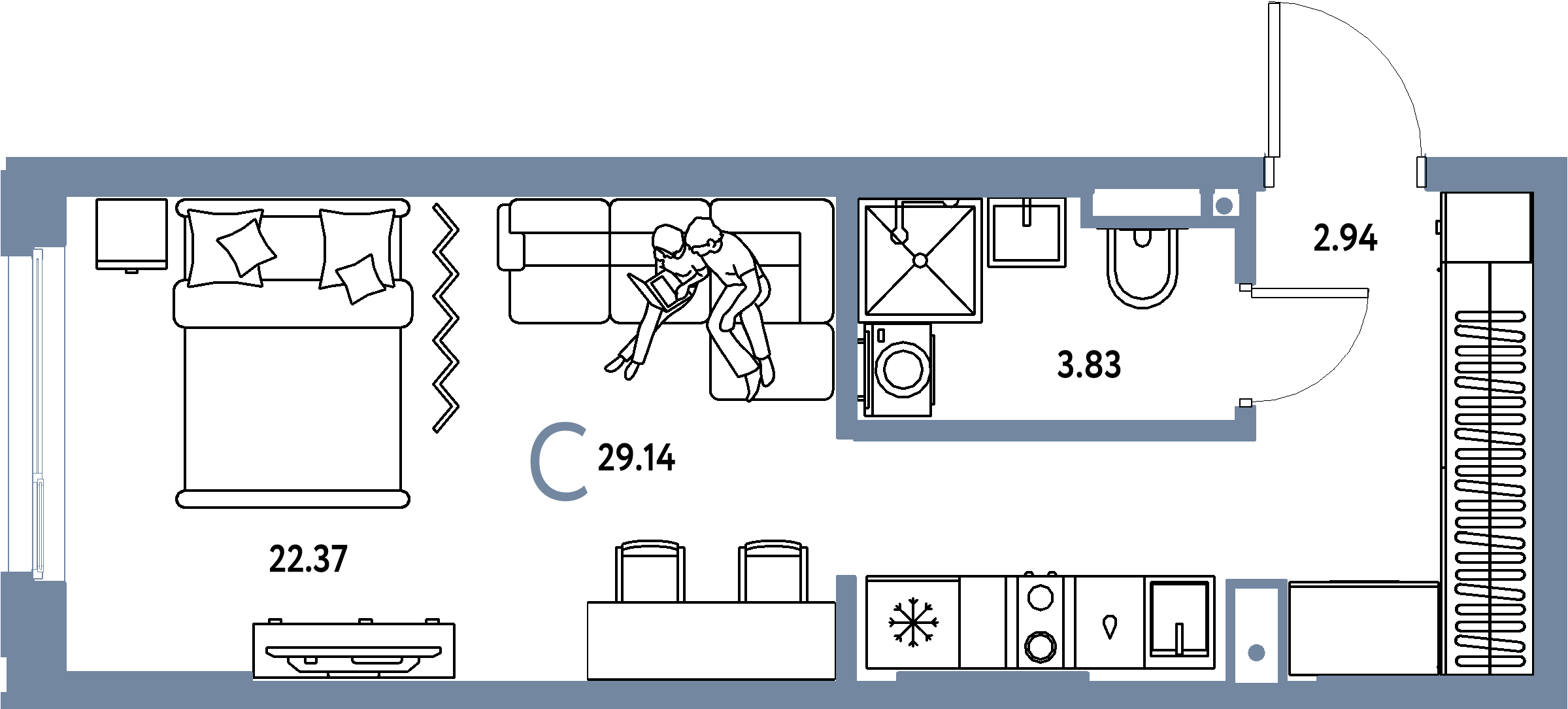 Планировка: Студия 29,14 м² в ЖК «Страна.Прибрежная»