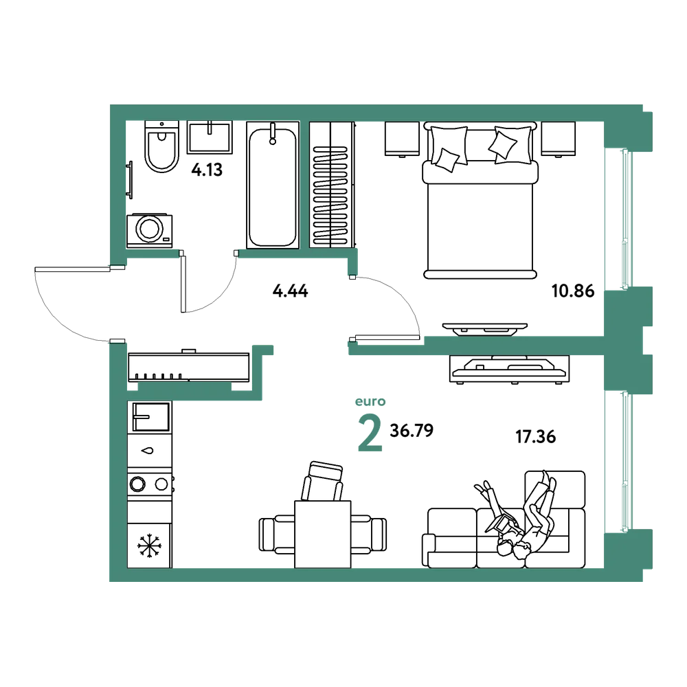 Планировка: Евродвушка 36,79 м²