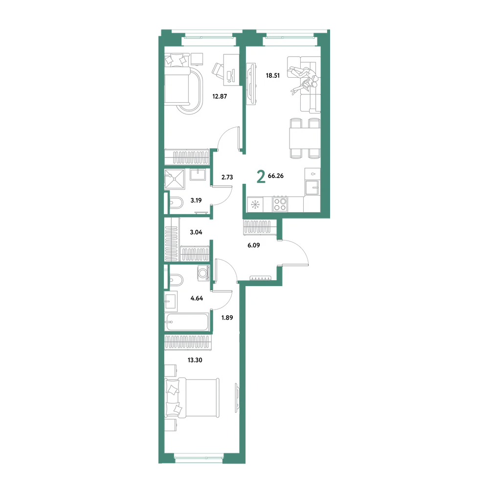 Планировка: 2-комнатная 66,26 м²