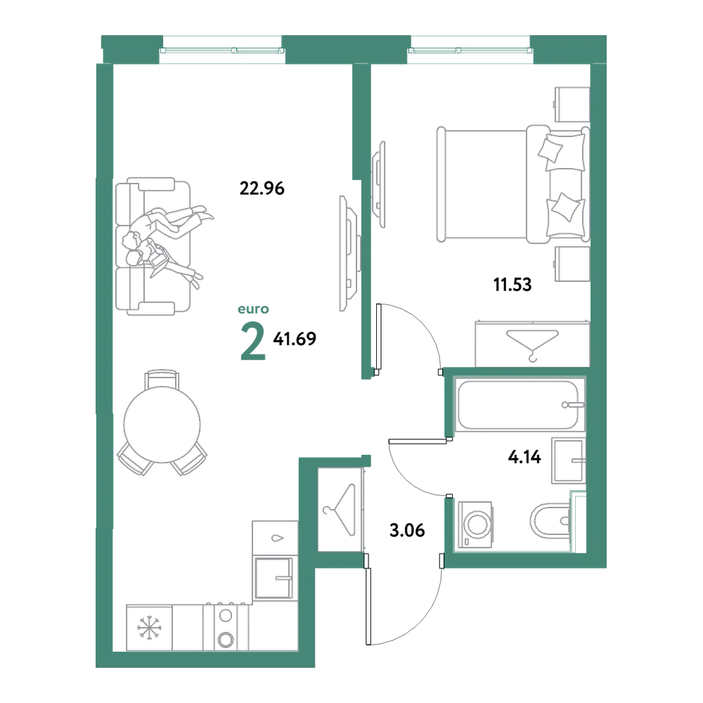Планировка: Евродвушка 41,69 м²