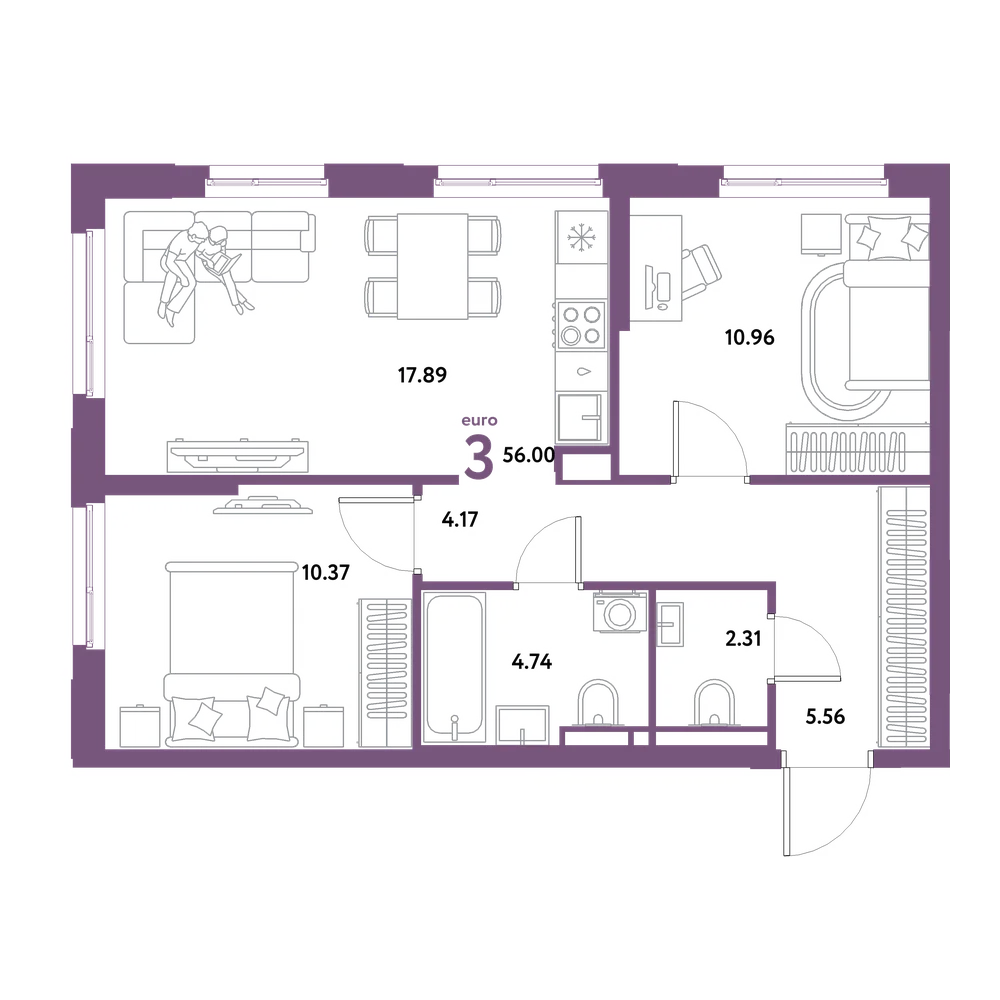 Планировка: Евротрёшка 56 м²