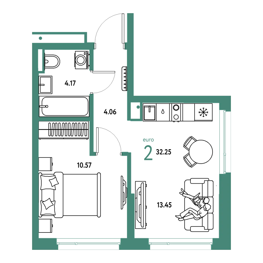 Планировка: 1-комнатная 32,25 м²