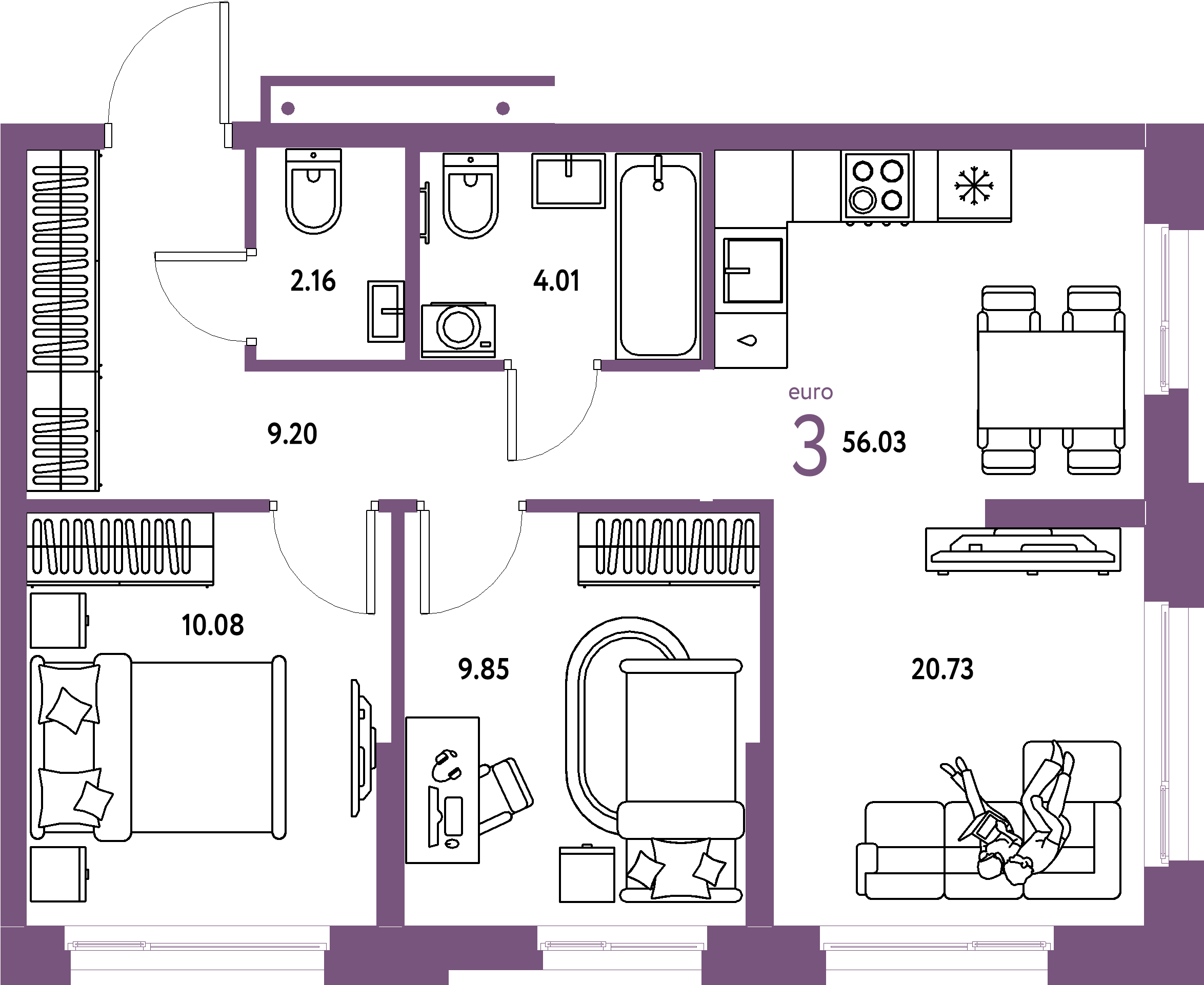 Планировка: Евротрёшка 56,03 м² в ЖК «Домашний»