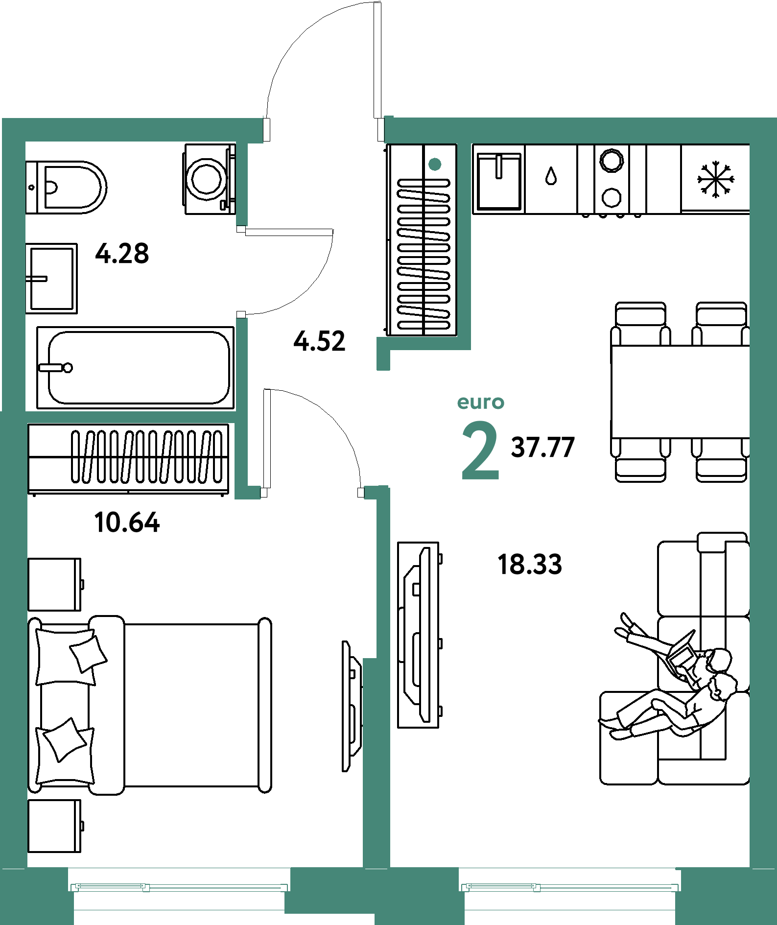 Планировка: Евродвушка 37,77 м² в ЖК «Европейский берег 2.0»