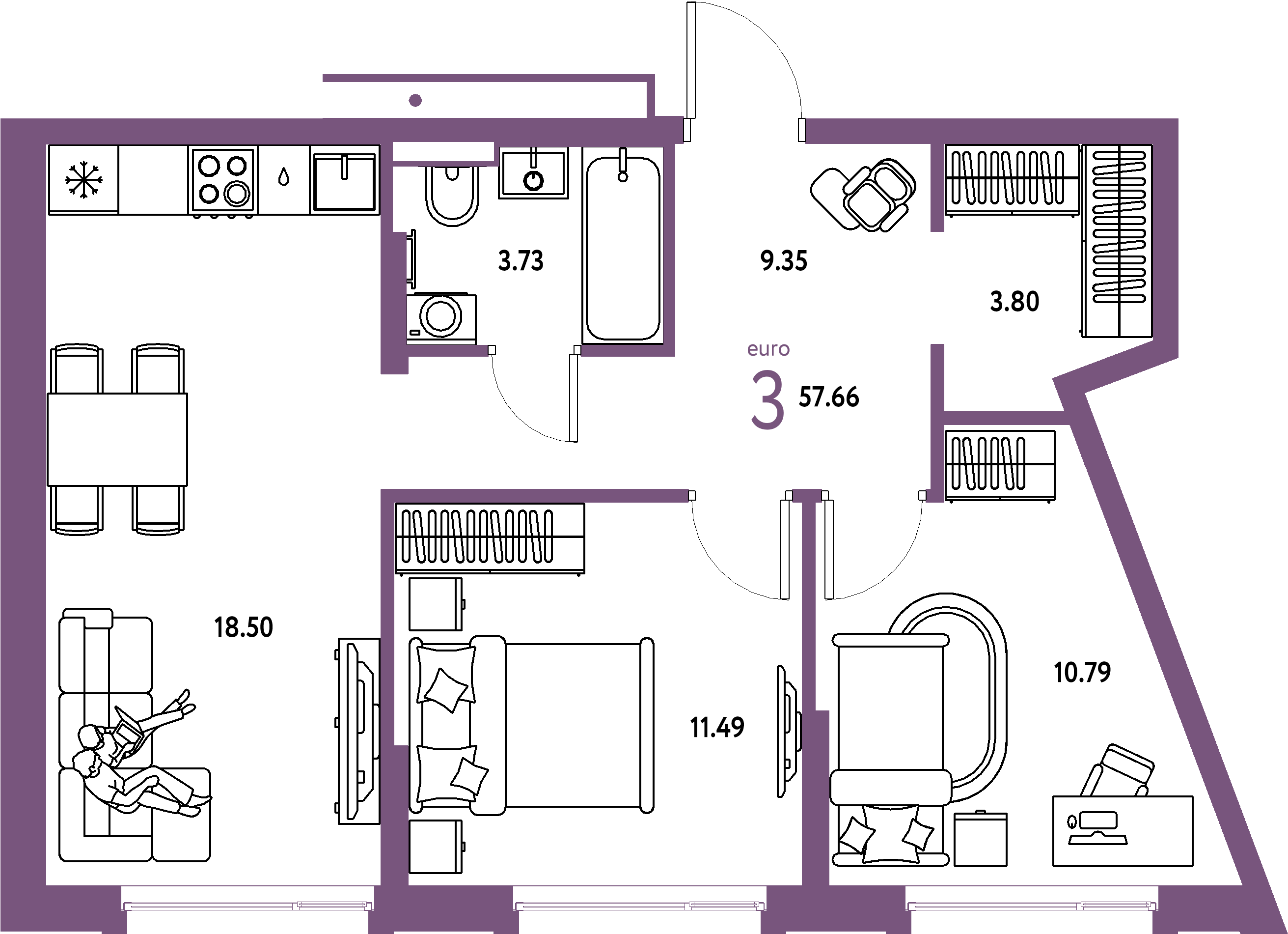 Планировка: Евротрёшка 57,66 м² в ЖК «Авторский»