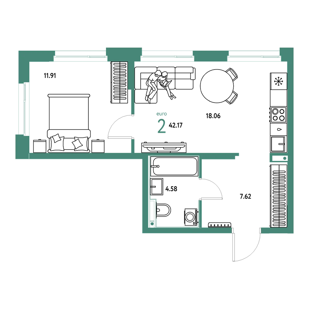 Планировка: Евродвушка 42,17 м²