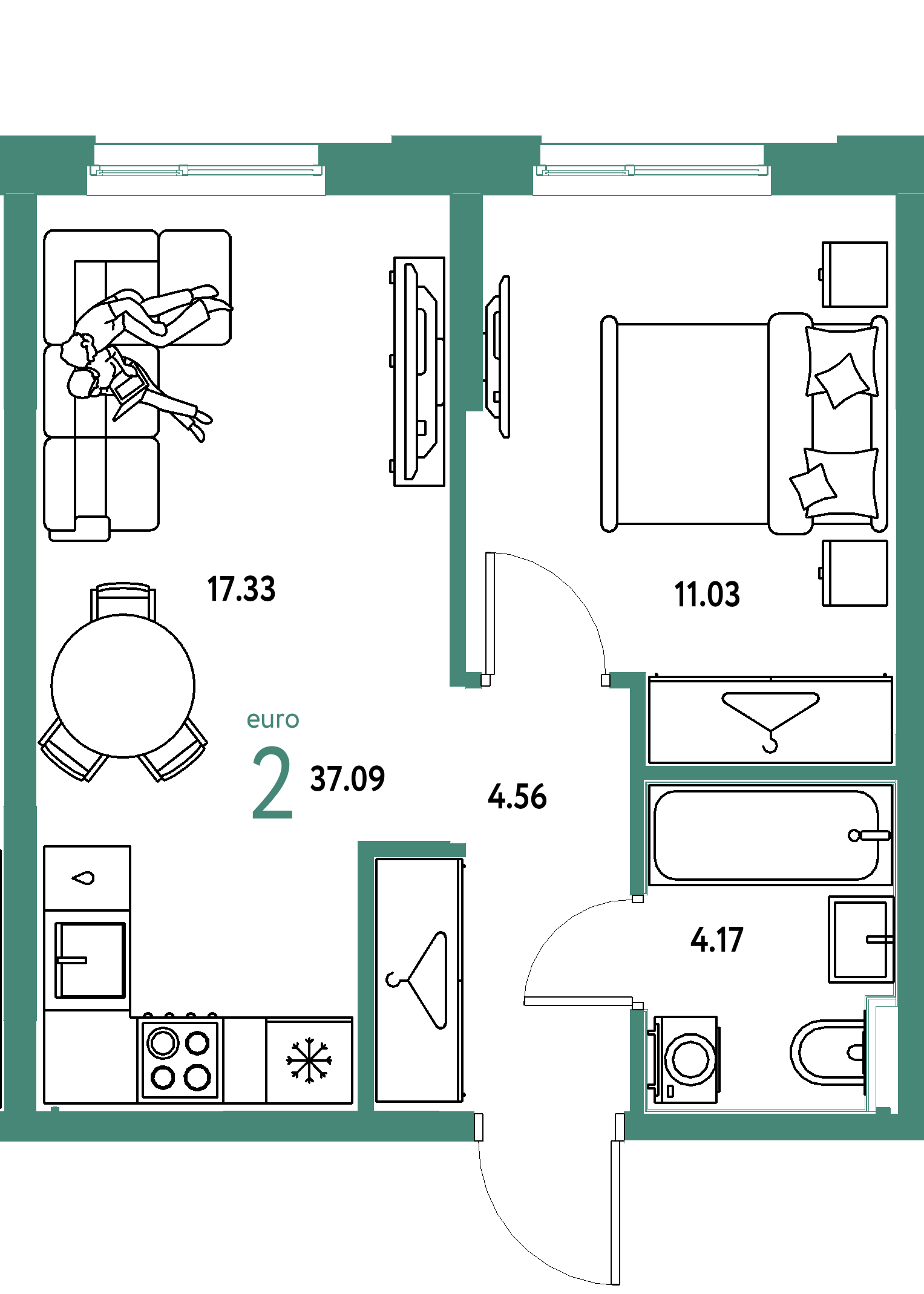 Планировка: Евродвушка 37,09 м² в ЖК «Европейский берег 2.0»