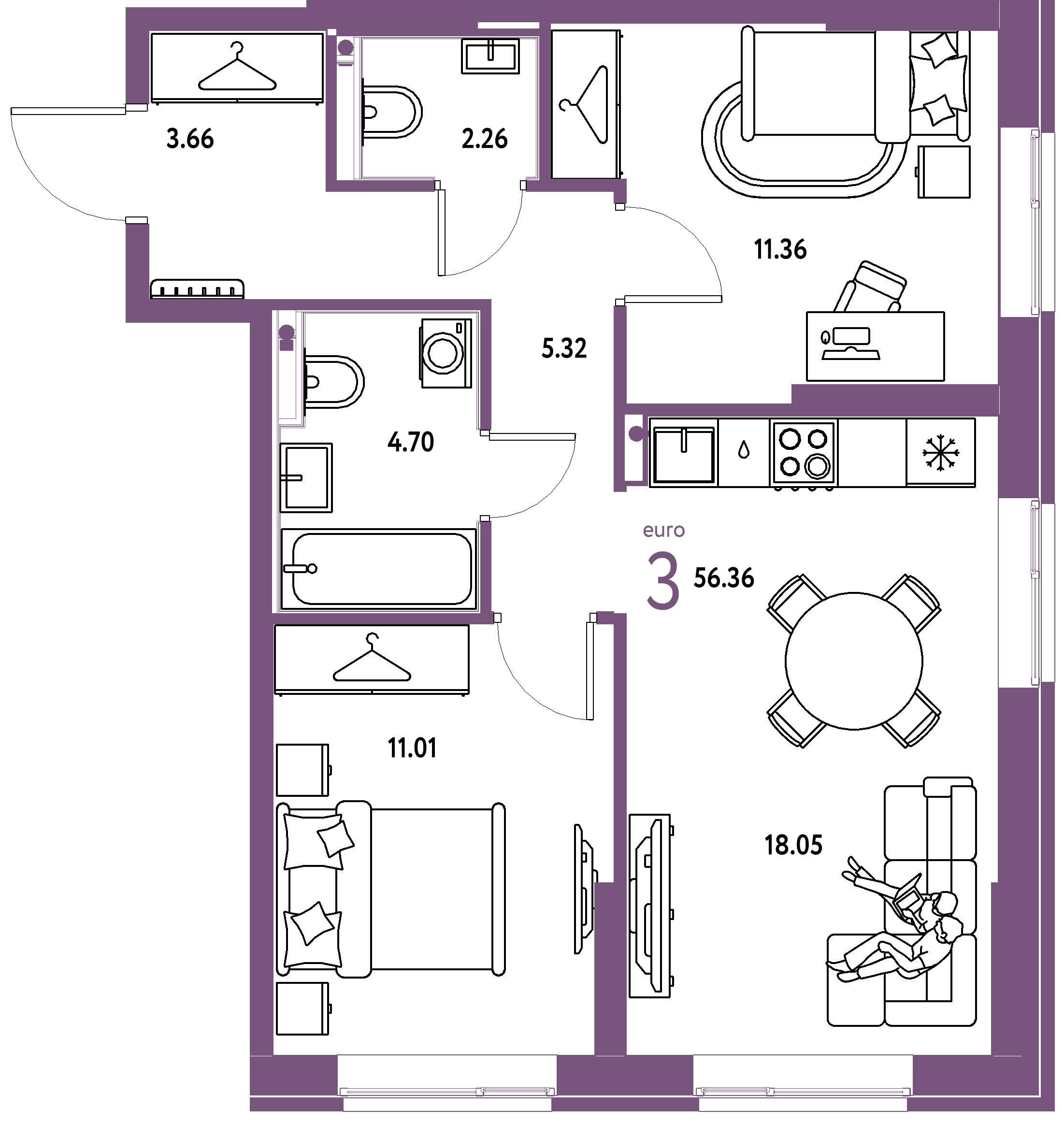 Планировка: Евротрёшка 56,36 м² в ЖК «Европейский берег 2.0»