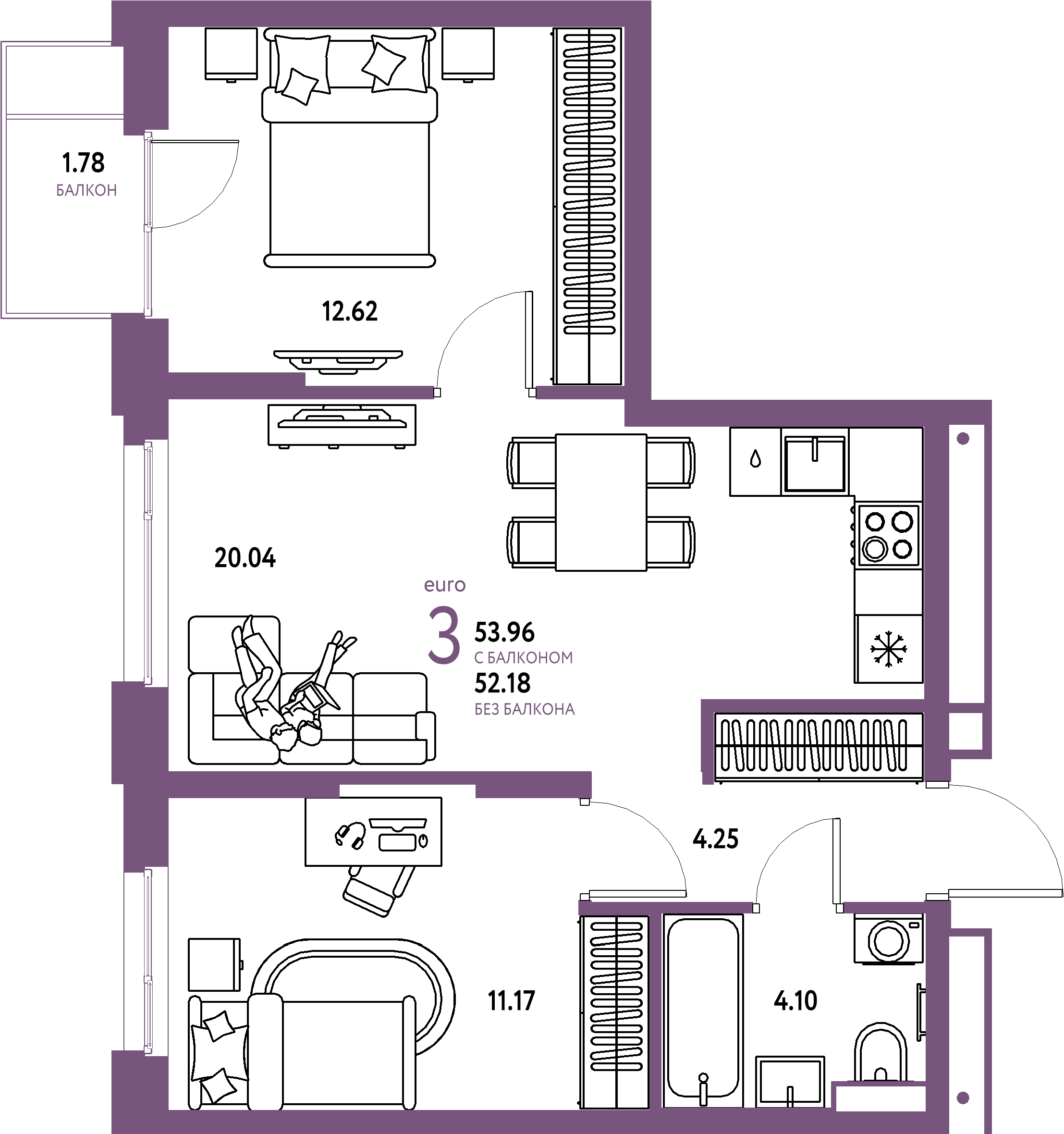 Планировка: Евротрёшка 53,96 м² в ЖК «Авторский»