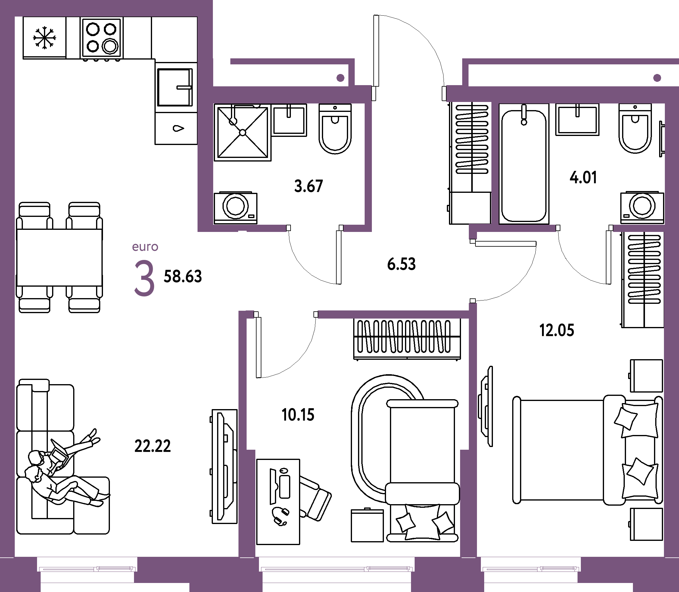 Планировка: Евротрёшка 58,63 м² в ЖК «Домашний»