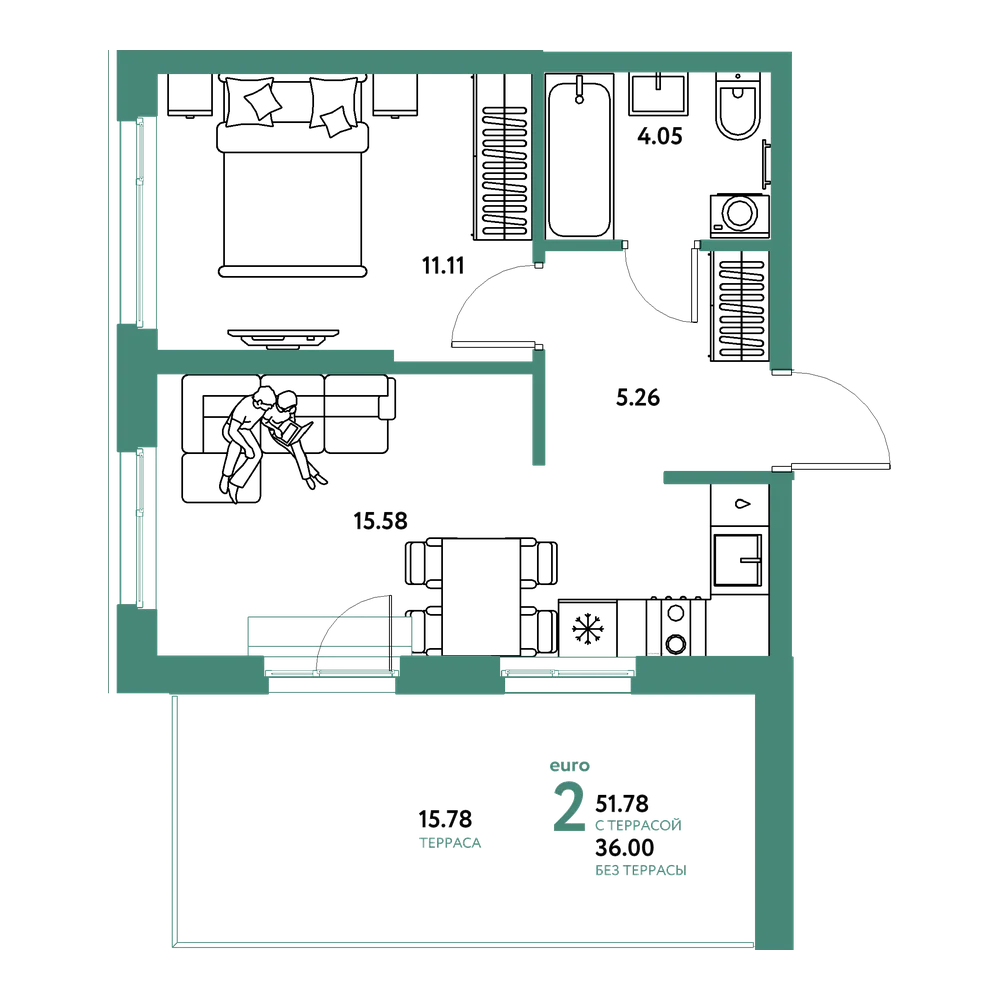 Планировка: Евродвушка 51,78 м²