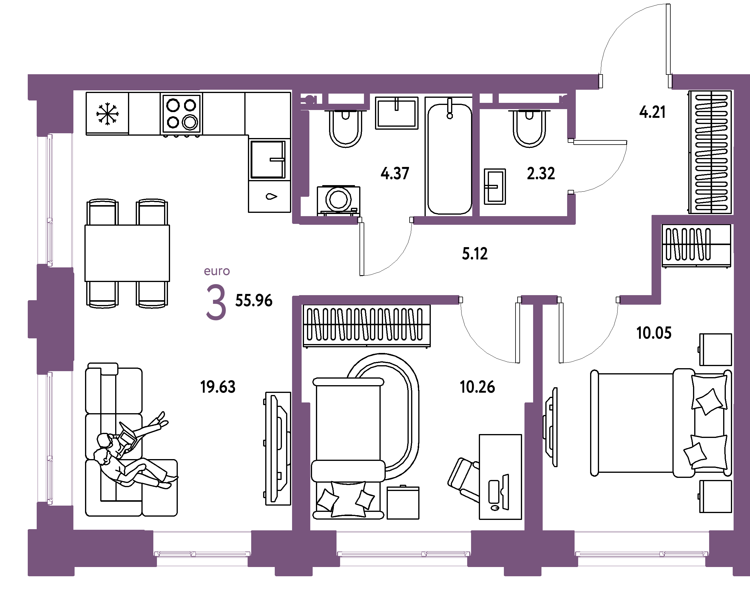 Планировка: Евротрёшка 55,96 м² в ЖК «Остров-сад»