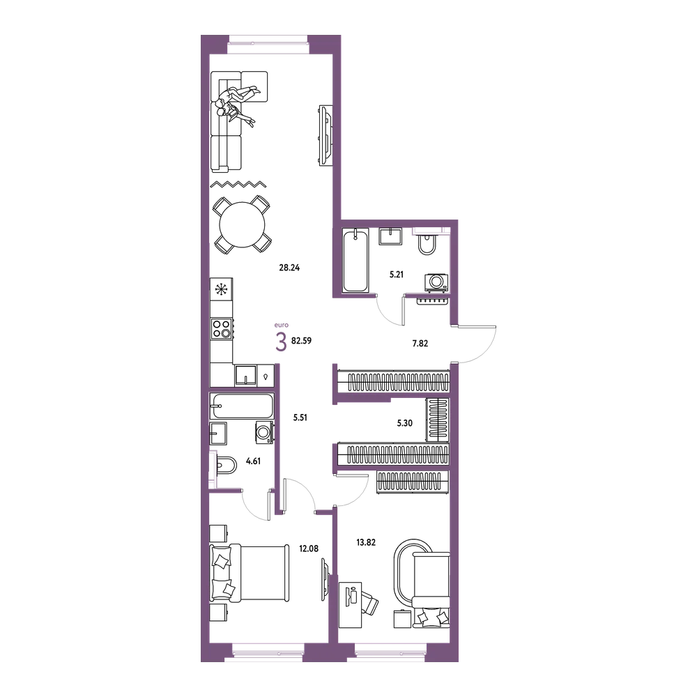 Планировка: Евротрёшка 82,61 м²
