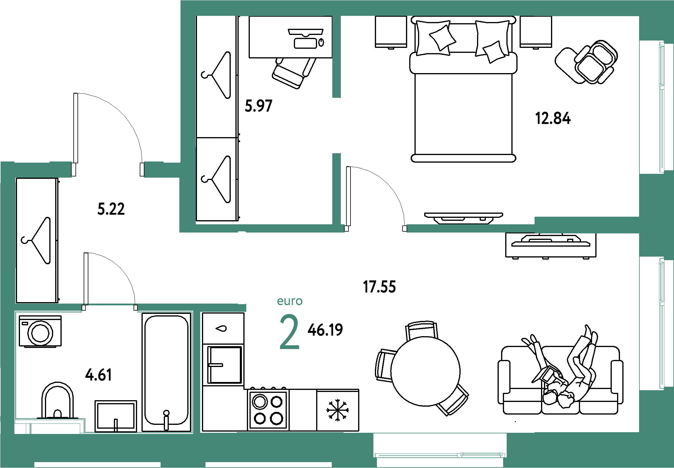 Планировка: Евродвушка 46,19 м² в ЖК «Европейский берег 2.0»