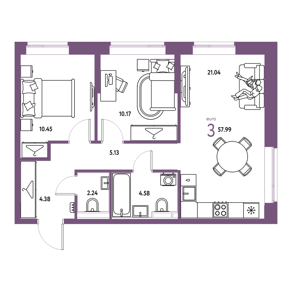 Планировка: Евротрёшка 57,99 м²
