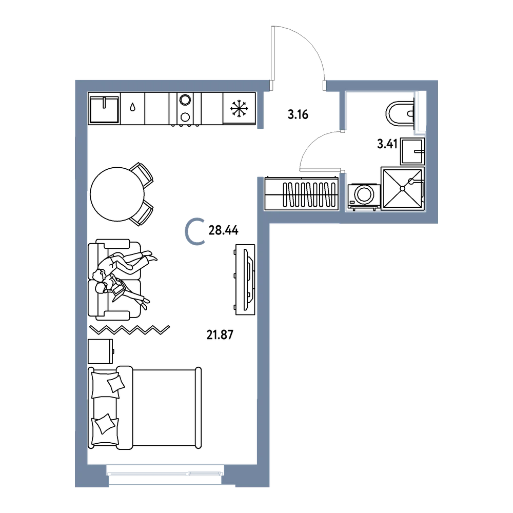 Планировка: Студия 28,44 м²
