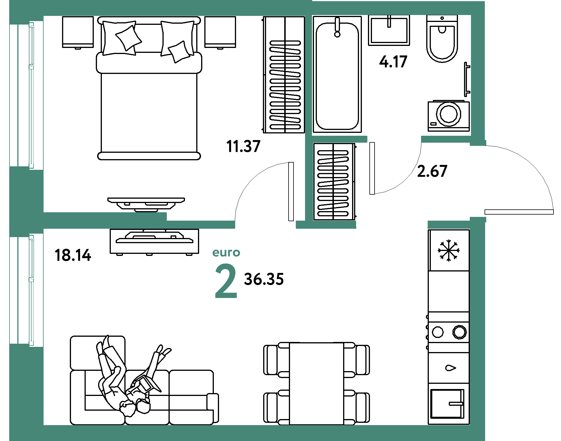 Планировка: Евродвушка 36,35 м² в ЖК «Европейский берег 2.0»