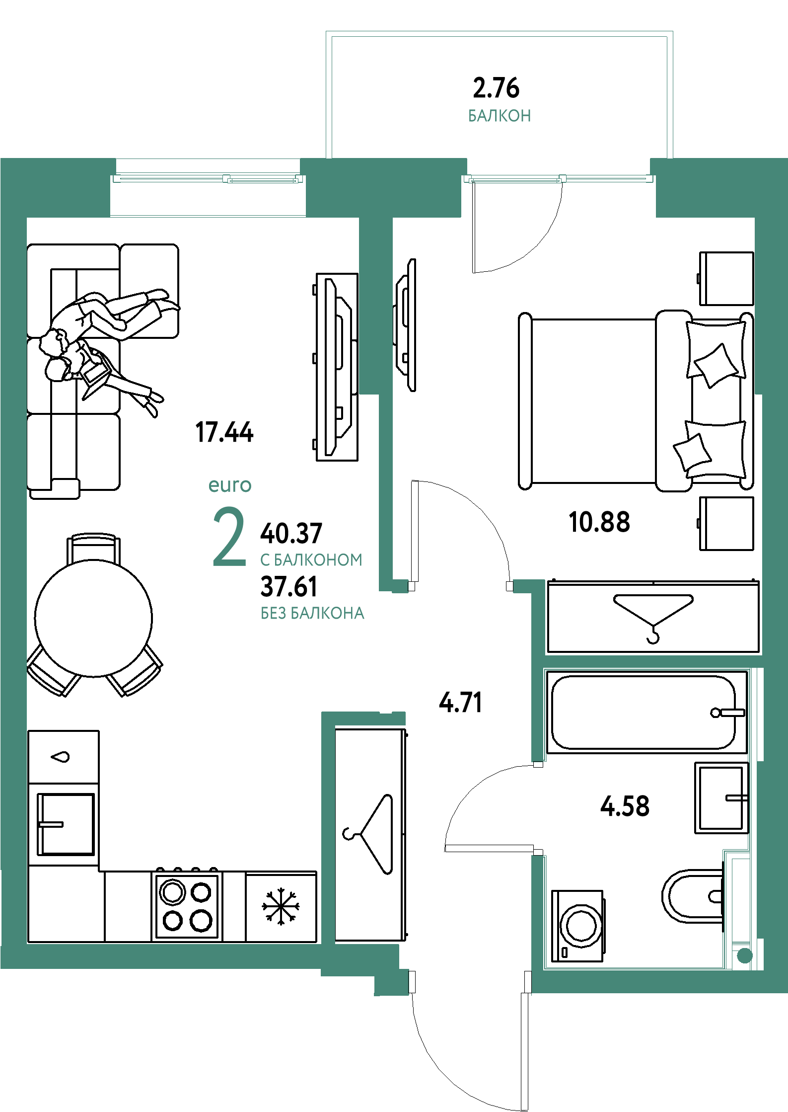 Планировка: Евродвушка 40,37 м² в ЖК «Европейский берег 2.0»