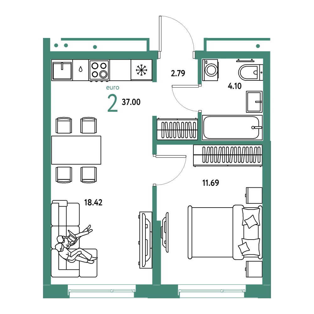 Планировка: Евродвушка 37 м²