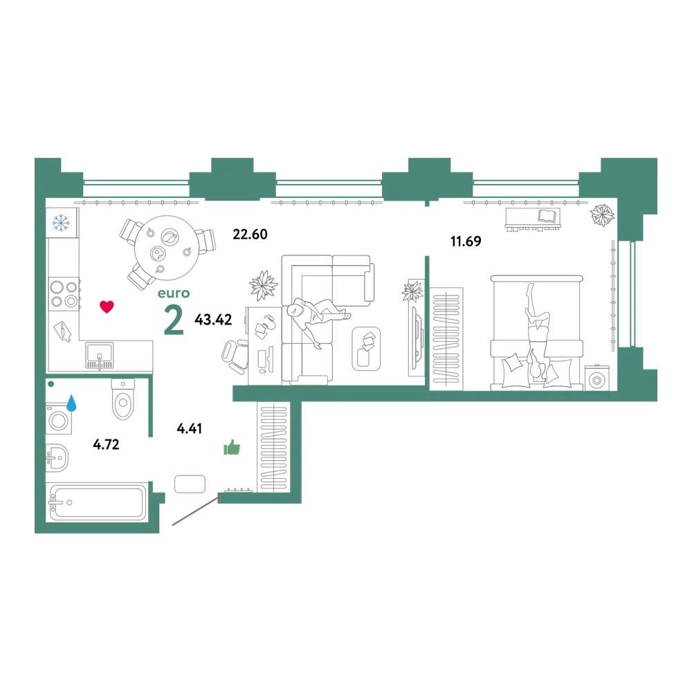 Планировка: Евродвушка 43,09 м²