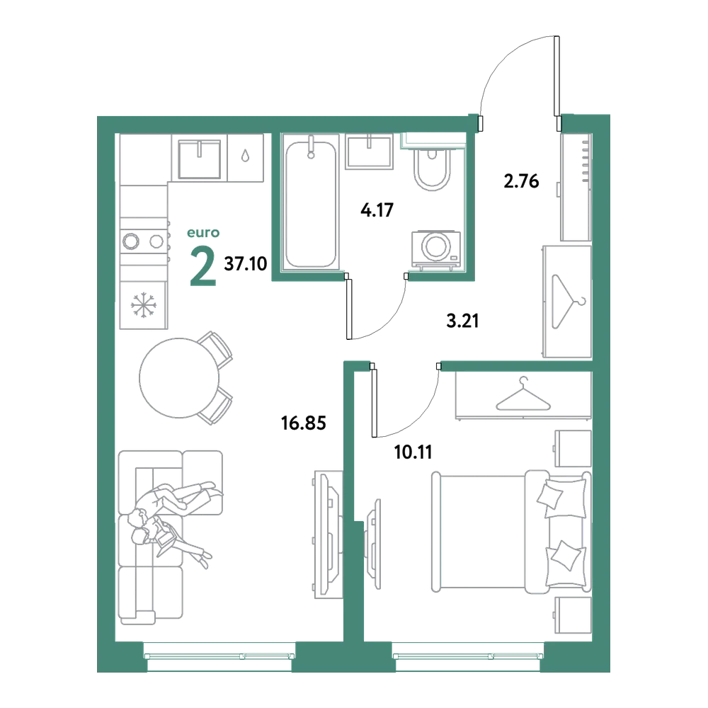 Планировка: Евродвушка 37,1 м²