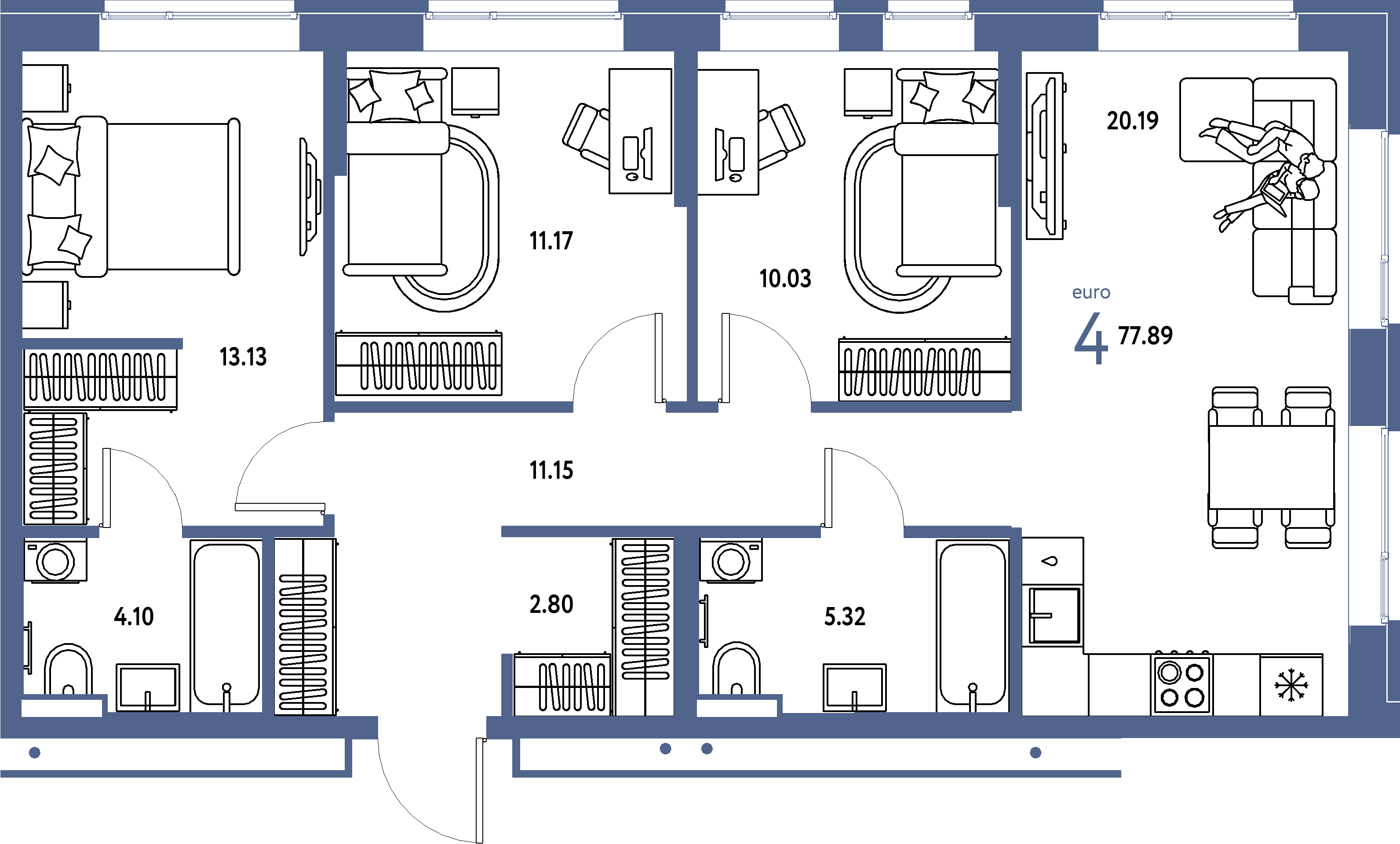Планировка: Евро-4 77,89 м² в ЖК «Домашний»