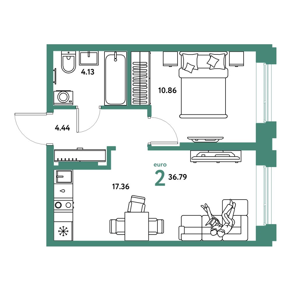 Планировка: Евродвушка 36,79 м²