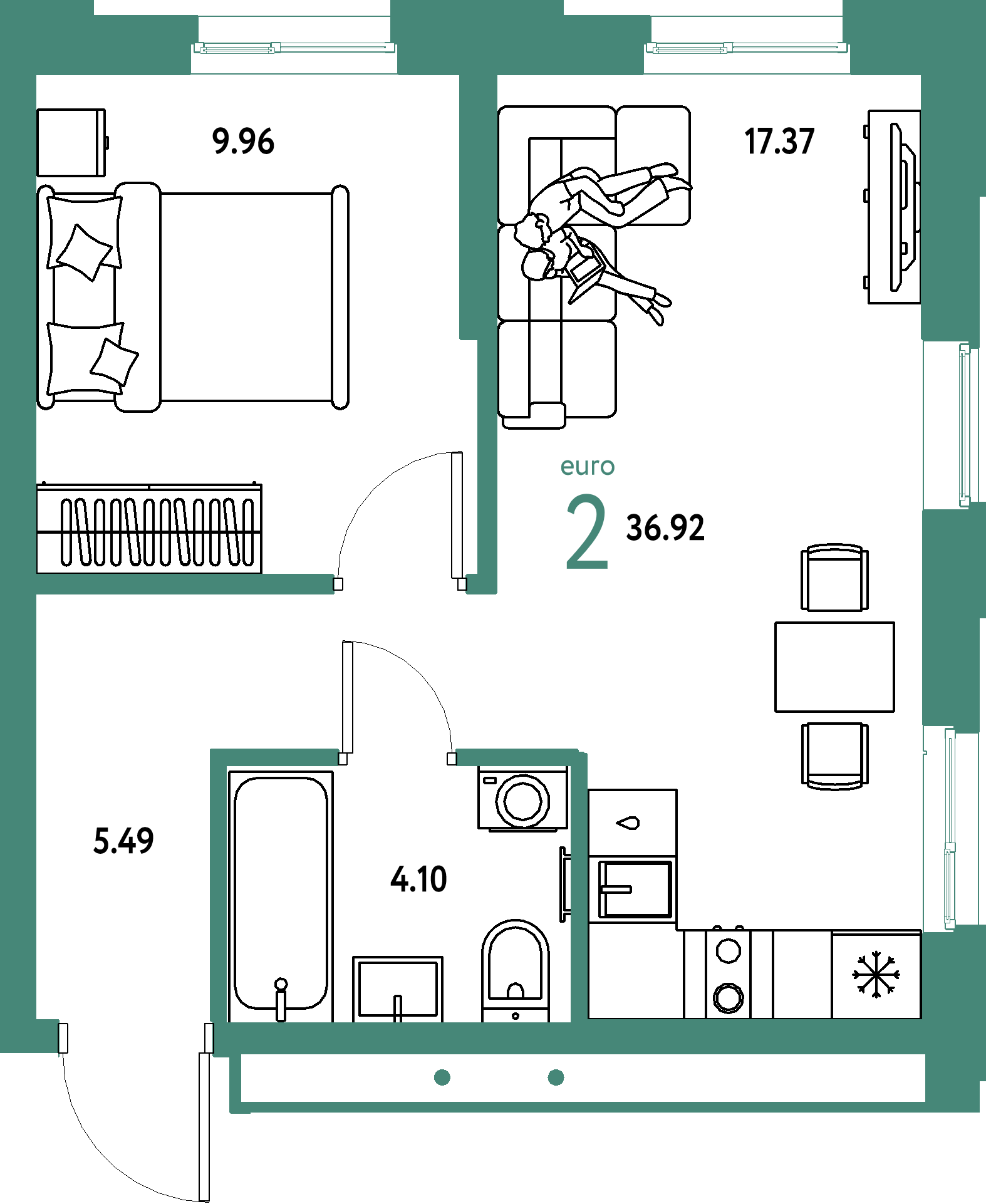Планировка: Евродвушка 36,92 м² в ЖК «Домашний»