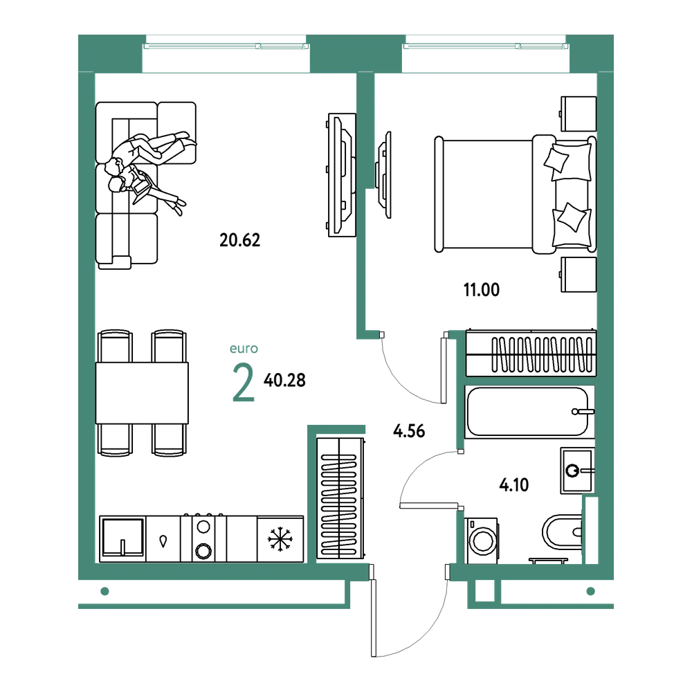 Планировка: Евродвушка 40,28 м²