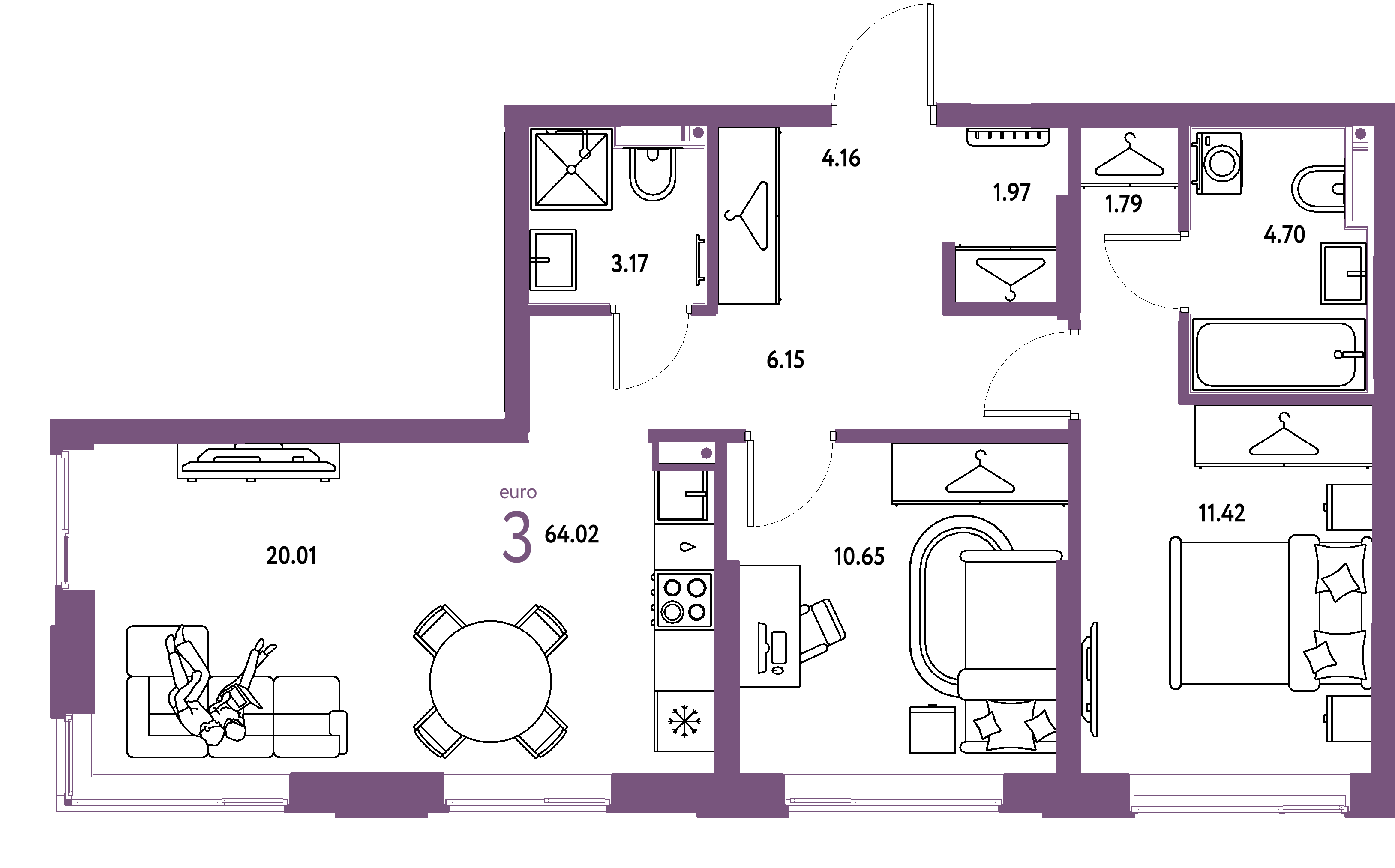 Планировка: Евротрёшка 64,02 м² в ЖК «Страна.Прибрежная»