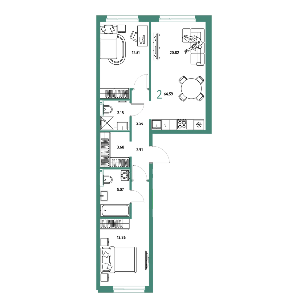 Планировка: 2-комнатная 64,59 м²