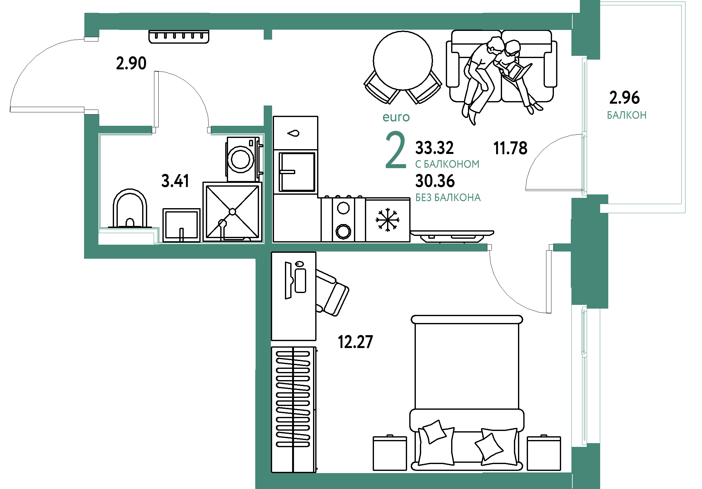 Планировка: Евродвушка 33,04 м² в ЖК «Домашний»