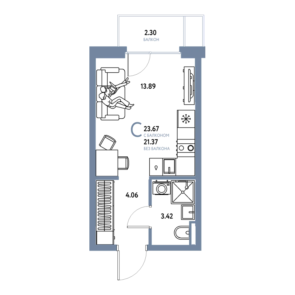 Планировка: Студия 23,67 м²