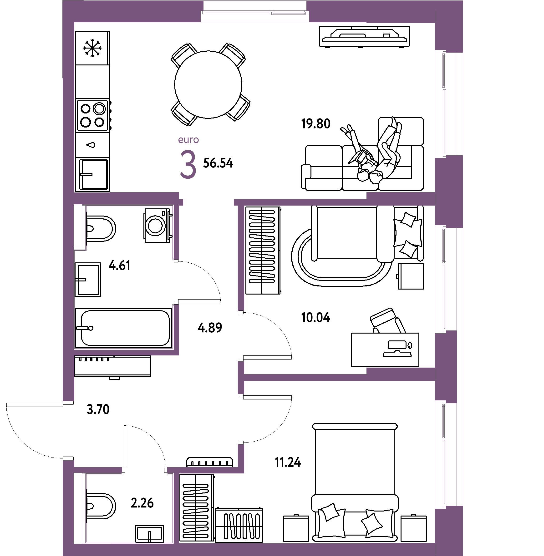 Планировка: Евротрёшка 56,54 м² в ЖК «Домашний»
