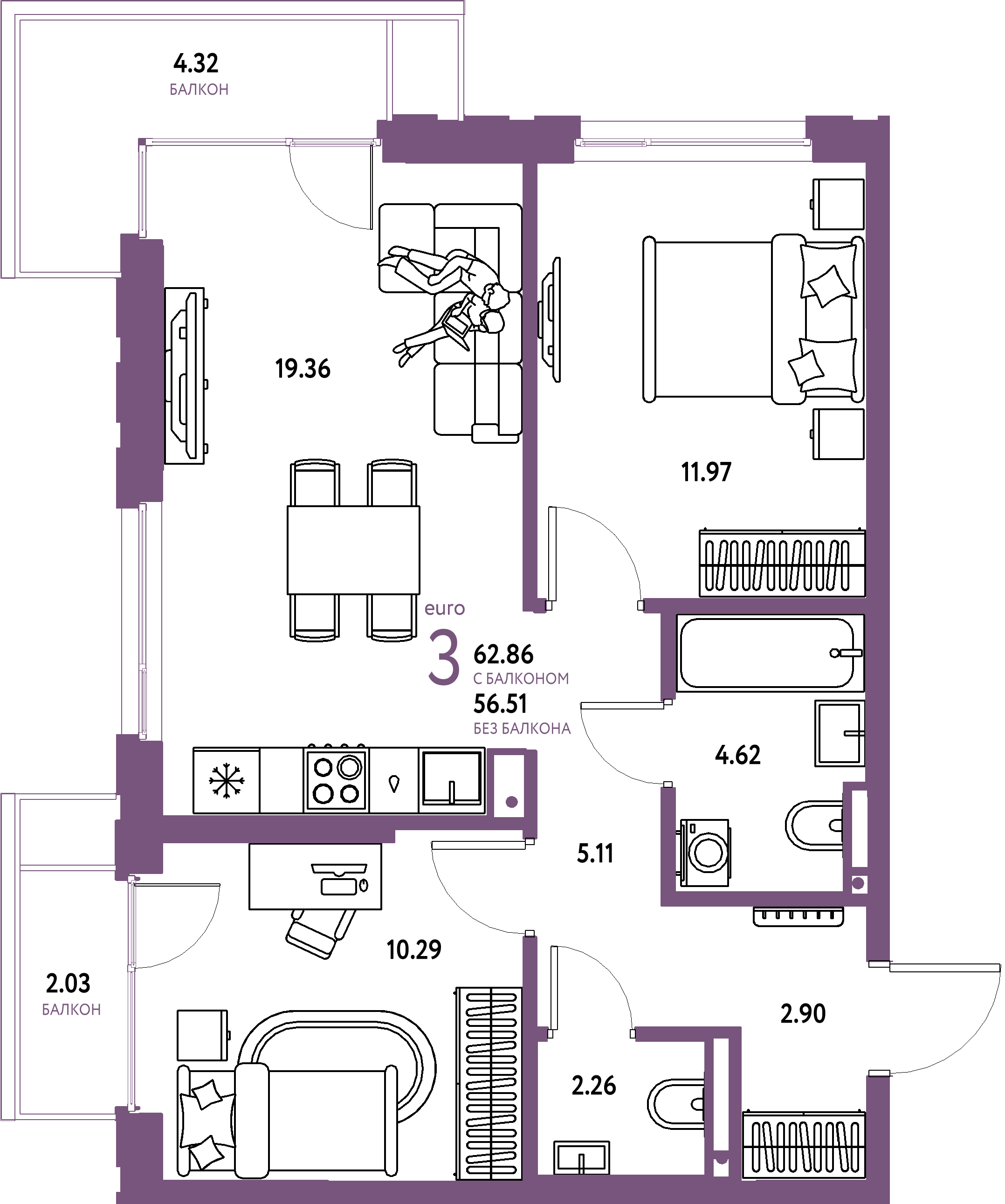 Планировка: Евротрёшка 62,86 м² в ЖК «Страна.Прибрежная»
