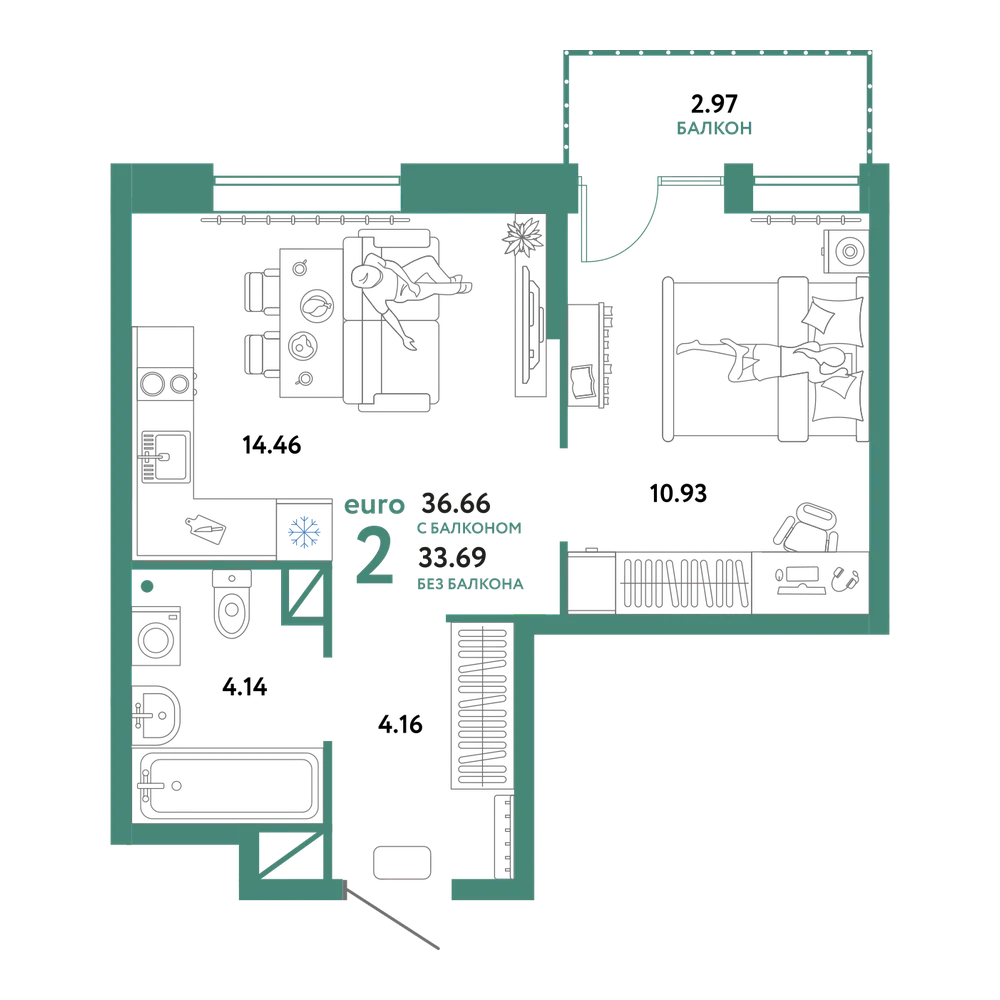 Планировка: Евродвушка 36,66 м²