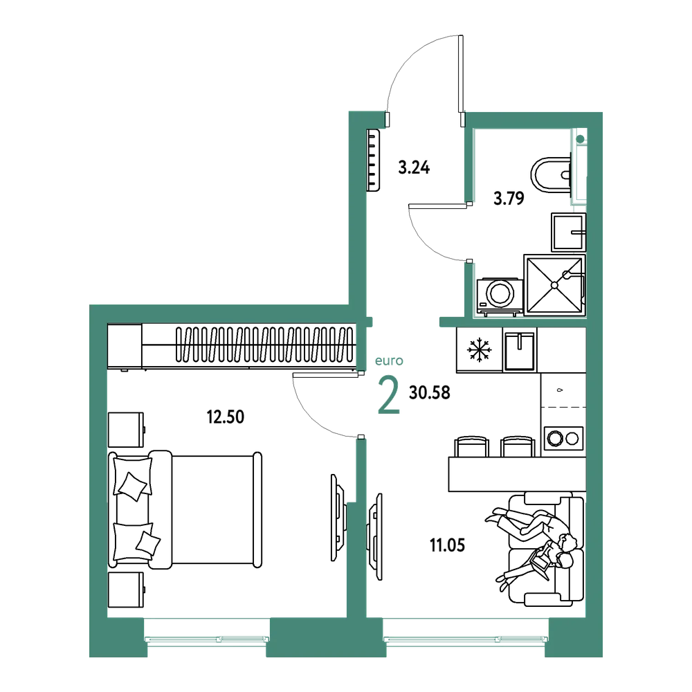 Планировка: Евродвушка 30,58 м²