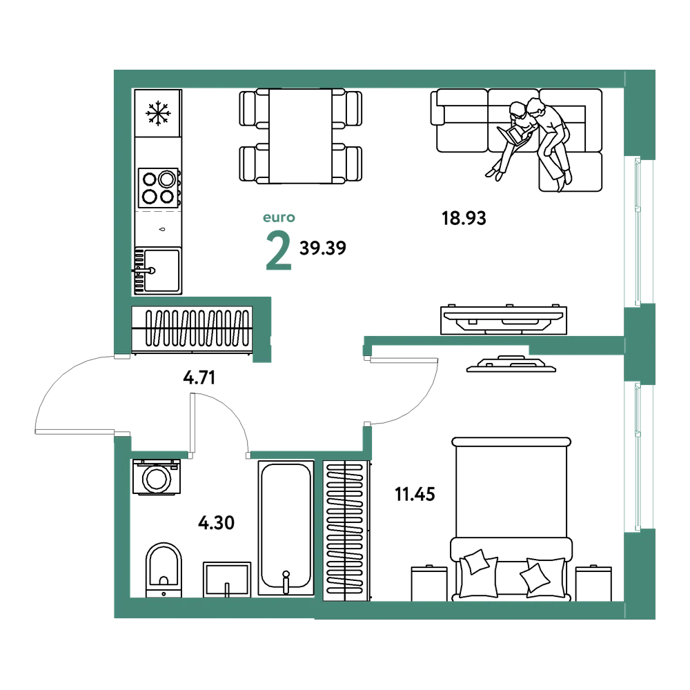 Планировка: Евродвушка 39,39 м²