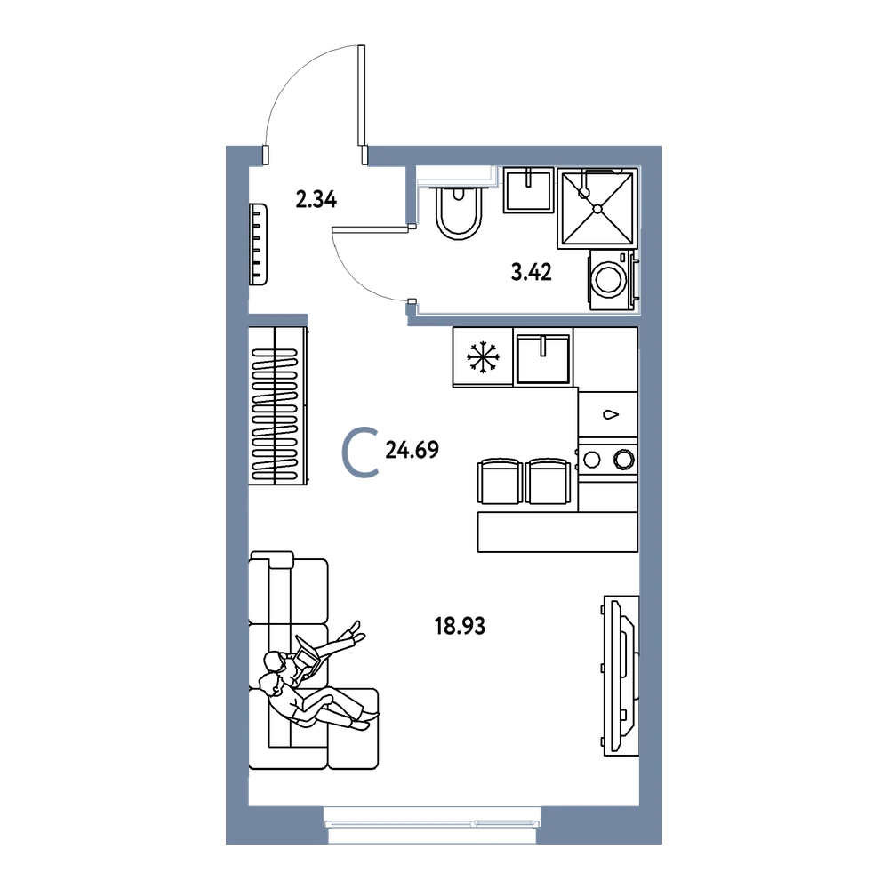Планировка: Студия 24,69 м²