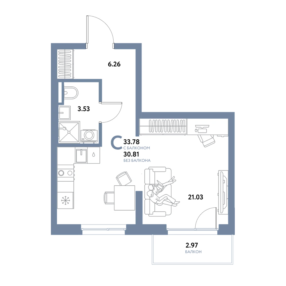 Планировка: Студия 33,78 м²