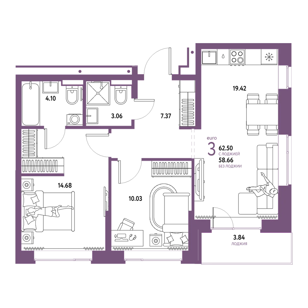 Планировка: Евротрёшка 62,5 м²
