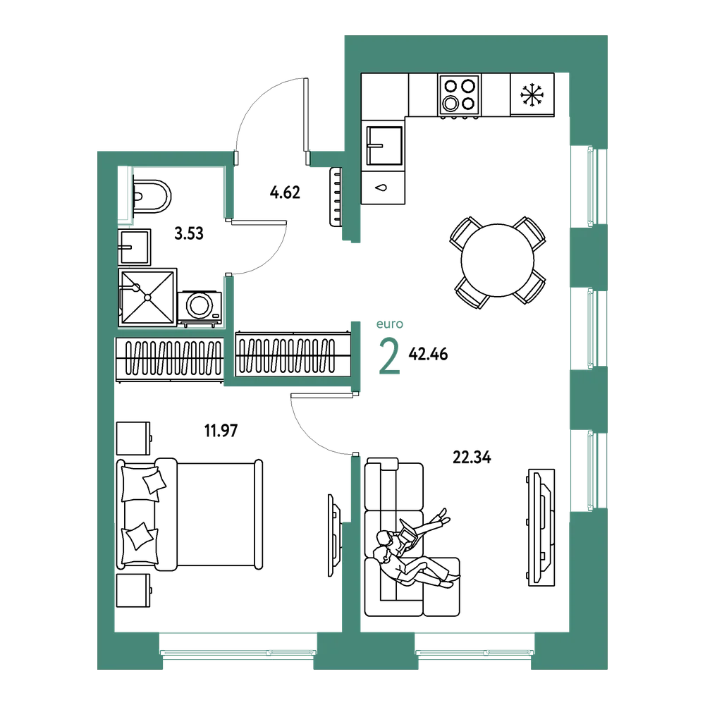 Планировка: Евродвушка 42,46 м²