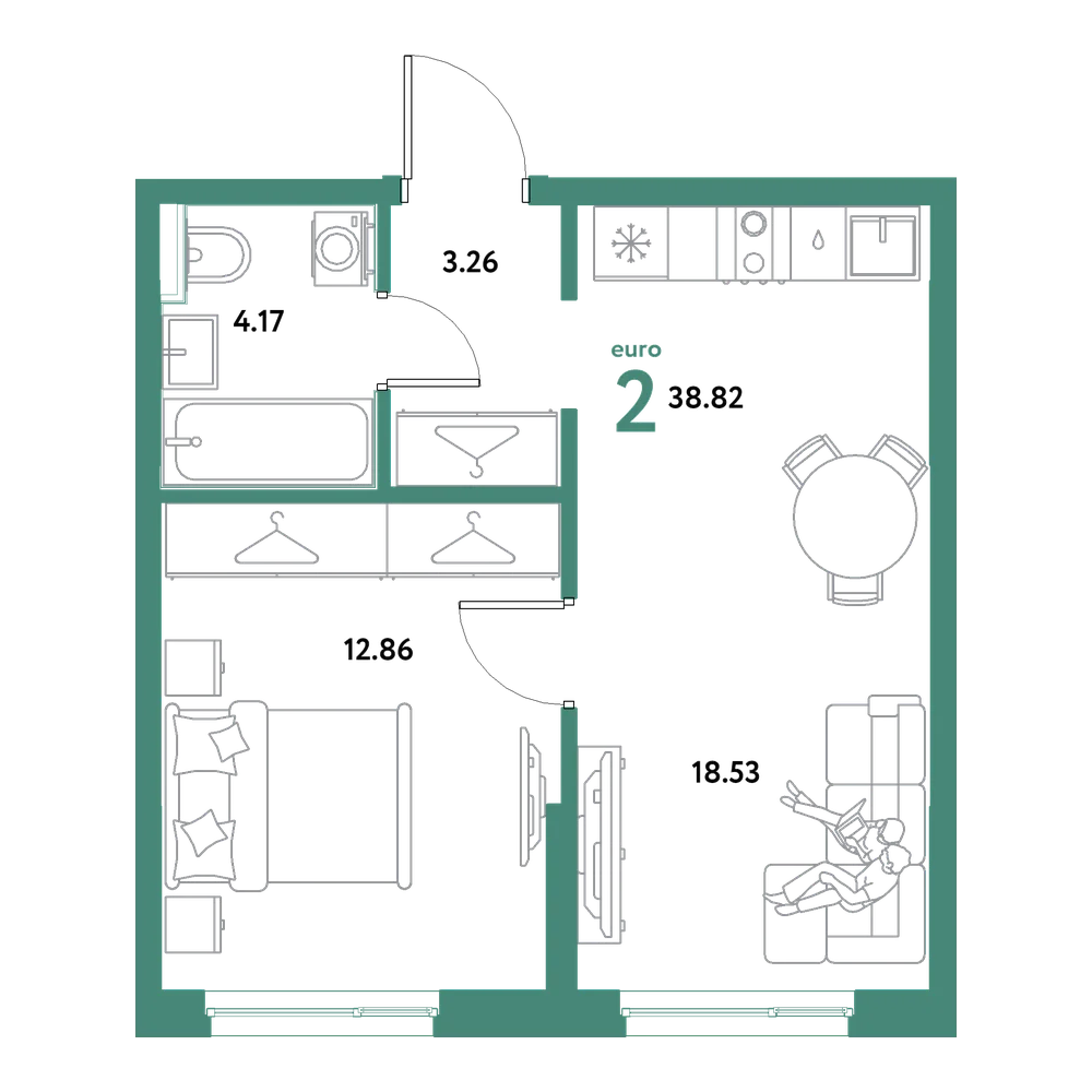 Планировка: Евродвушка 38,82 м²