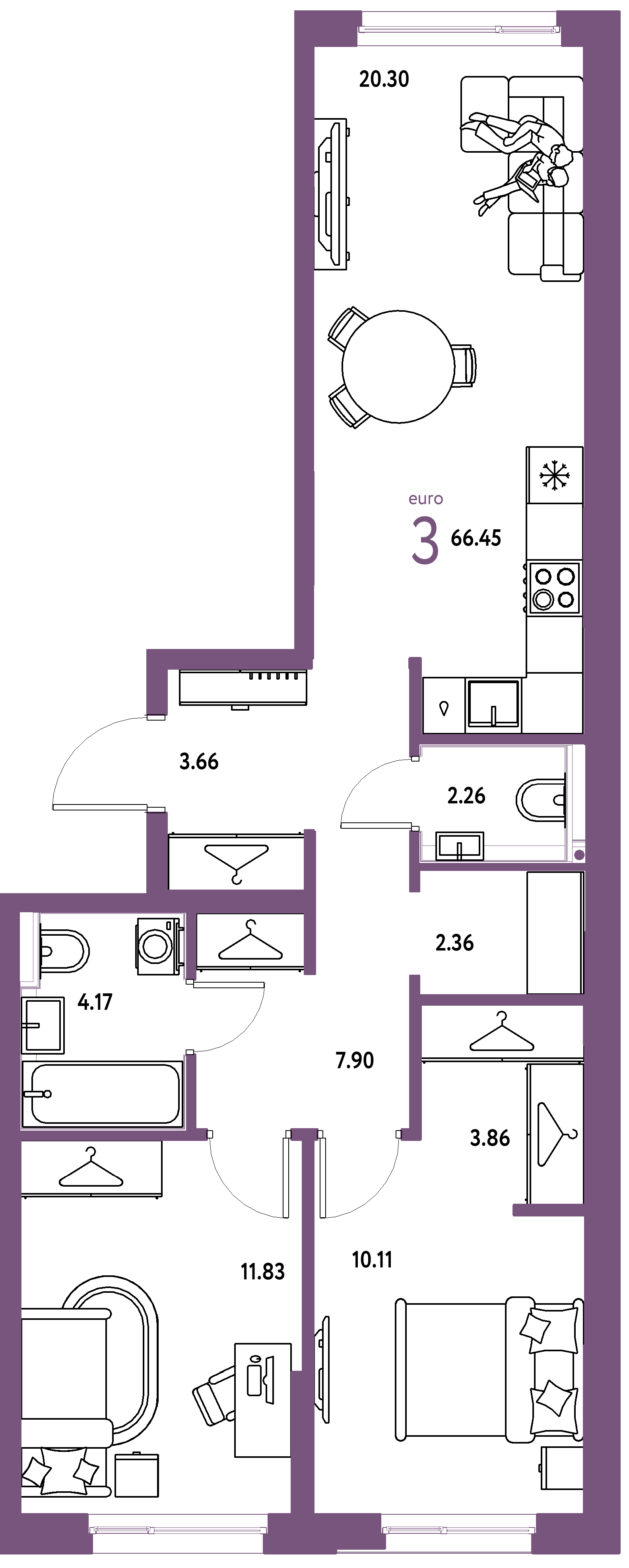 Планировка: Евротрёшка 66,45 м² в ЖК «Страна.Прибрежная»