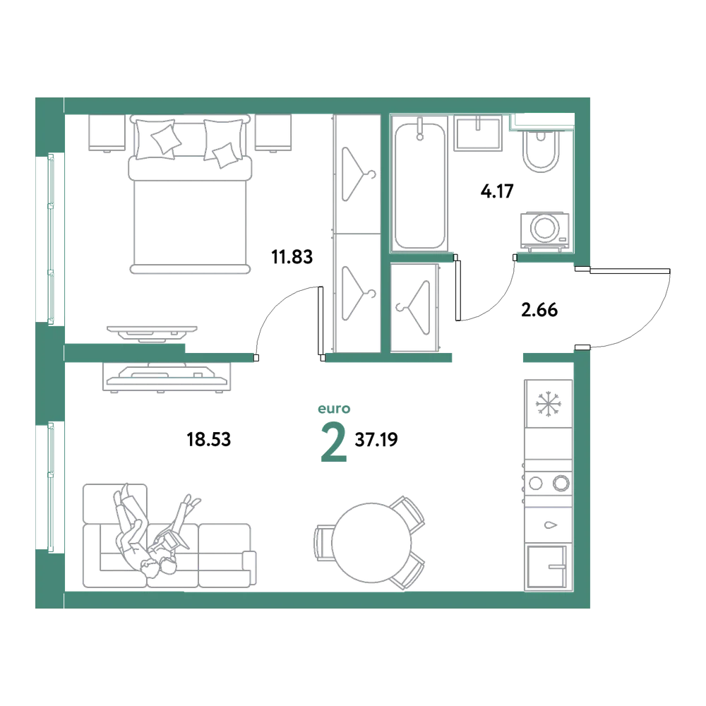 Планировка: Евродвушка 37,19 м²