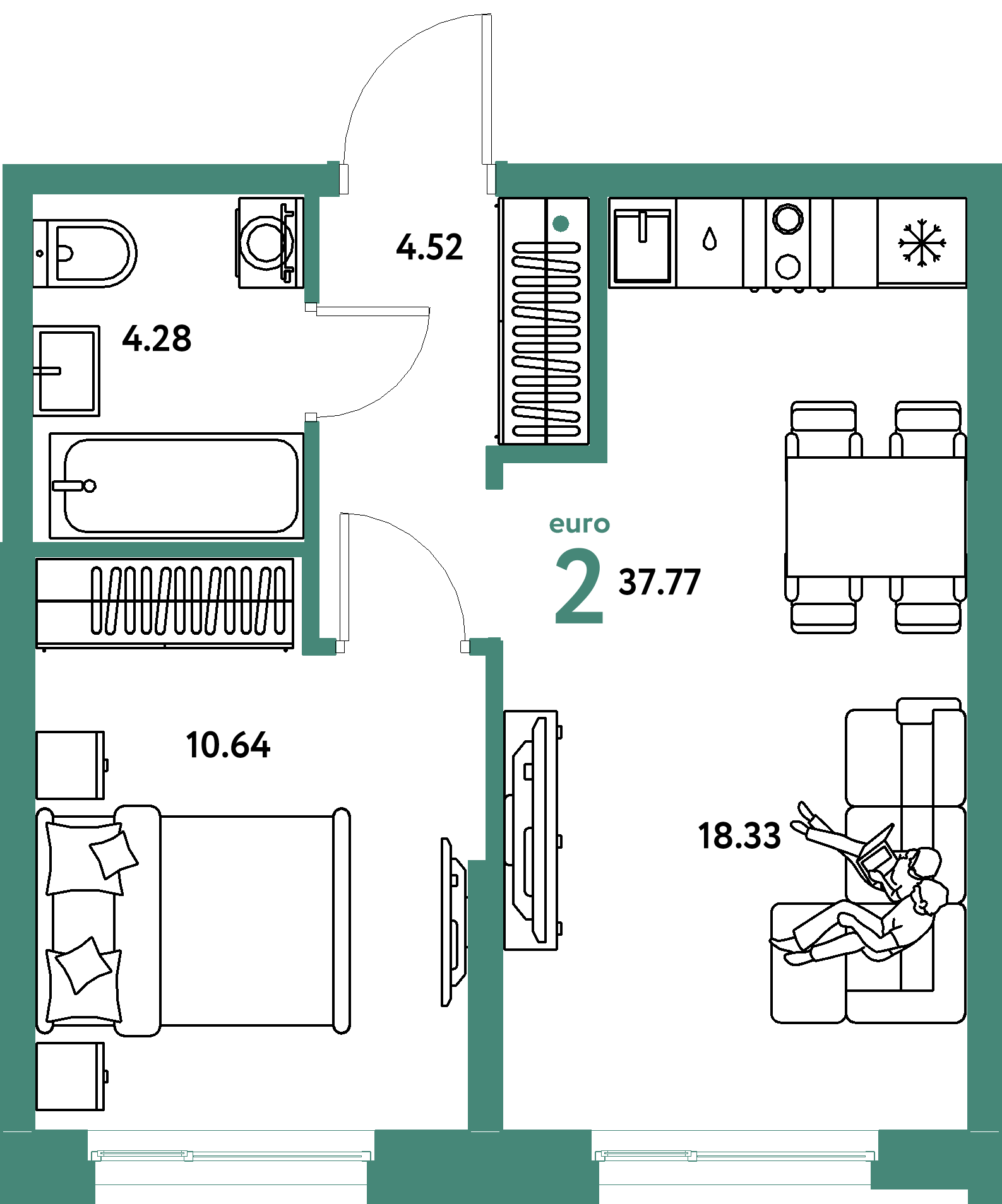 Планировка: Евродвушка 37,77 м² в ЖК «Европейский берег 2.0»